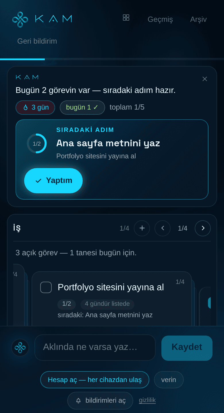 KAM'ın uygulama ekranı: üstte seri sayacı ve günün ilerlemesi, ortada iki dakikalık ilk adım kartı, altta 'aklında ne varsa yaz' alanı.